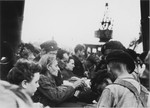 Passengers of the Exodus 1947 have their papers checked by British soldiers on the pier in Haifa.