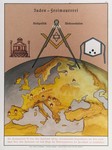 Eugenics poster entitled "The relationship between Jews and Freemasons." 

The text at the top reads: "World politics  World revolution."  The text at the bottom reads, "Freemasonry is an international organization beholden to Jewry with the political goal of establishing Jewish domination through world-wide revolution."  The map, decorated with Masonic symbols (temple, square, and apron), shows where revolutions took place in Europe from the French Revolution in 1789 through the German Revolution in 1919.
