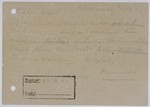 Verso of a postcard sent by a new arrival to Auschwitz to a relative in Theresienstadt reassuring him that everything was fine.