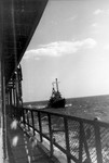 A US Coast Guard vessel escorts the President Warfield/Exodus 1947 ship into Norfolk harbor after it almost sank in a storm off Cape Hatteras during its first attempt to cross the Atlantic Ocean.