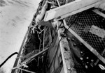View of the heavily damaged port side of Exodus 1947 illegal immigrant ship after being rammed by a British destroyer during its interception off the coast of Palestine.