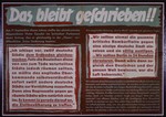 Nazi propaganda poster entitled, "Das bleibt geschrieben," issued by the "Parole der Woche," a wall newspaper (Wandzeitung) published by the National Socialist Party propaganda office in Munich.