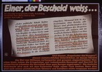 Nazi propaganda poster entitled, "Einer, der Bescheid weib," issued by the "Parole der Woche," a wall newspaper (Wandzeitung) published by the National Socialist Party propaganda office in Munich.