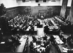 View of the courtroom of the International Military Tribunal in Nuremberg, as seen from the back of the courtroom.