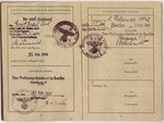 Passport issued to Ernst Perl in February, 1939.  It is stamped with a red "J" and includes the middle name Israel in order to identify the owner as Jewish.