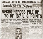 Front page of the New York Amsterdam News, from during the 11th Summer Olympic Games, with the headline "Negro Heroes Pile Up 70 of 187 U.S.