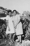 A mother and daughter stand next to a catctus bush in the Santa Cesarea displaced persons' camp.