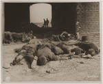 The charred bodies of prisoners burned alive by the SS lie outside of a barn on the outskirts of Gardelegen.
