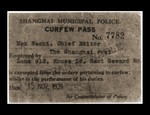 A pass issued to Felix Nacht, the chief editor of the Shanghai Post refugee newspaper, exempting him from curfew regulations while performing his job.