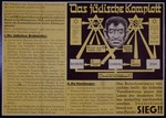 Nazi propaganda poster entitled, "Das judische Komplott" ("The Jewish Conspiracy"), issued by the "Parole der Woche," a wall newspaper (Wandzeitung) published by the National Socialist Party propaganda office in Munich.