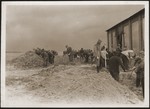Under the supervision of American soldiers, German civilians exhume a mass grave containing the bodies of concentration camp prisoners killed by the SS in a barn just outside of Gardelegen.
