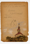 Page from a children's memory book written in Terezin with a picture of a skyline of Terezin and a horse.