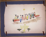 Children's painting showing of Jews celebrating Hanukkah.