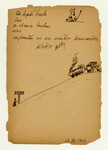Page from a children's memory book written in Terezin with a picture of a train headed from Terezin to Birkenau where a policeman is waiting to greet it.