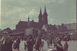 View of the crowded market square of the Lodz ghetto.