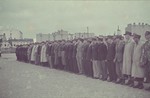 Police line up for a roll-call in the Lodz ghetto.