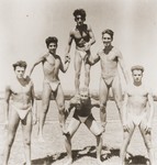Members of the Hashomer Hatzair Zionist youth movement, who were part of the Kladovo transport, build a human pyramid on the banks of the Danube.