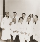 Group portrait of physicians who provided medical care for members of the Kladovo transport at an infirmary in Sabac.