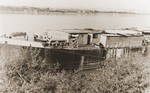 View of the barge Penelope that was secured by the Federation of Jewish Communities in Yugoslavia to ease overcrowded living conditions for the stranded refugees of the Kladovo transport.