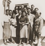 Group portrait of Zionist youth from the Kladovo transport taken after the triple wedding of members of their group.
