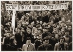 A large crowd of Jewish DPs participate in a demonstration protesting British immigration policy to Israel at the Neu Freimann displaced persons camp.