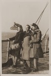 Rozalia (Krysia Laks) and Miles Lerman, and Regina Laks stand on the deck of the Marine Perch while en route to the United States.