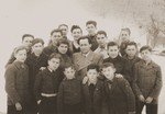 Group portrait of Jewish youth at the Tarbut school in the Gabersee displaced persons camp.