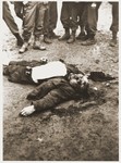 American soldiers view the body of a concentration camp guard killed during the liberation of Ohrdruf.