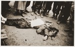 The corpse of a German guard with a swastika on his chest, who was killed by inmates during the liberation of Ohrdruf.
