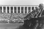 A unit of the DAF (Deutsche Arbeitsfront, or German Labor Service) marches with shovels on the Zeppelinfeld during a rally at  the 1937 Reichsparteitag (Reich Party Day) in Nuremberg.