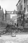 View of the entrance to a market that has been reduced to rubble as a result of a German aerial attack.
