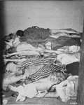 View of a room filled with corpses found in the Flossenbuerg concentration camp by U.S.