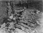 Two American soldiers stand among the bodies of female prisoners exhumed from a mass grave near the Helmbrechts concentration camp, a sub-camp of Flossenbuerg.