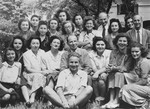 Group portrait of Jewish students attending a book-binding course in Bucharest, Romania.
