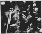 View from above of the defendants dock at the International Military Tribunal trial of war criminals at Nuremberg.