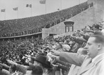 German citizens saluting Adolf Hitler at the opening of the 11th Olympiad in Berlin.