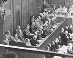 The defendants dock on the first day of the I.G. Farben Trial.