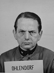Mug-shot of defendant Otto Ohlendorf at the Einsatzgruppen Trial.