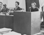 A former Polish inmate of Auschwitz identifies Oswald Pohl while on the stand for the prosecution during the Pohl/WVHA trial.