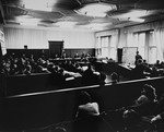 View of the courtroom in the Palace of Justice as chief prosecutor Benjamin Ferencz opens the Einsatzgruppen Trial.