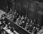 View from above of the defendants dock during a session of the Medical Case (Doctors') Trial in Nuremberg.