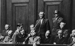 Defendant Walter Blume pleads not guilty during his arraignment at the Einsatzgruppen Trial.