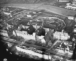 Aerial view of the Nuremberg Palace of Justice and prison, where the war crimes trial of the International Military Tribunal was held and its defendants incarcerated.