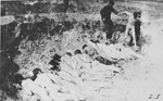 A naked prisoner is led to an execution site, possibly at Ponary, where others either have been shot already or forced to lie face down prior to being shot.
