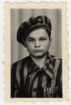 Studio portrait of Buchenwald survivor wearing a prisoner uniform.