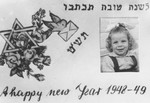 Personalized Jewish New Year card produced in the Bari displaced persons camp that includes a photograph of Miriam Schechter, the daughter of Isidor and Tauba (Falakovics) Schechter.