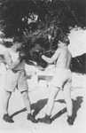 Pinkus Gipsman spars with a friend in the Bari DP camp.
