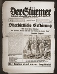 Front page of the Nazi publication, Der Stuermer, with a cartoon depicting a group of Hitler Youth marching forth to drive the forces of evil from the land.