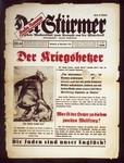 Front page of the Nazi publication, Der Stuermer, with an anti-Semitic caricature depicting the Jew as the instigator of war.