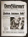 Front page of the Nazi publication, Der Stuermer, with an anti-Semitic caricature depicting the Jew as one who tries to subvert others.